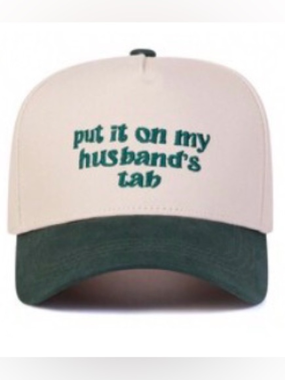 Put It On My Husband's Tab Embroidered Trucker Hat - Cream & Green